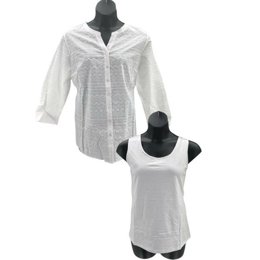 Denim & Co. Eyelet Button Front White Shirt & Tank Set XXS New A351579